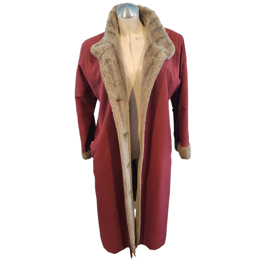Vintage 1970's D'Allaird's Burgundy Coat Faux Fur Trim Lining Belted Canada